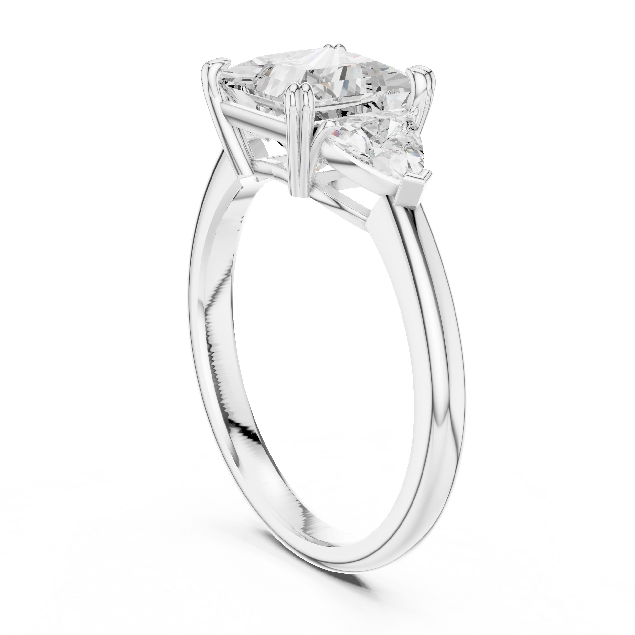 Back side view of white gold princess three-stone ring with trillion cut side stones and lab-grown diamond – Australia