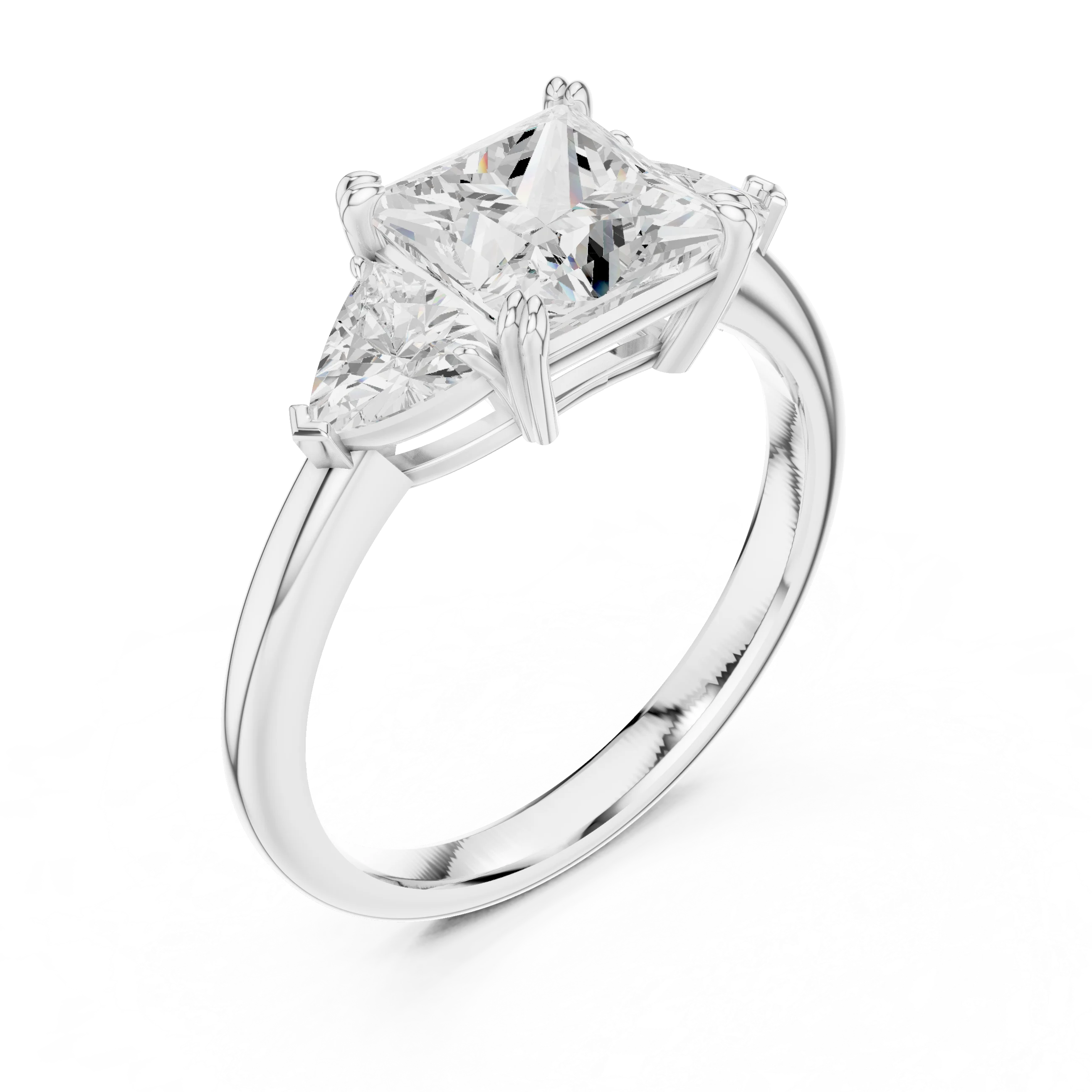 Front view of white gold princess three-stone ring with trillion cut side stones and lab-grown diamond – Australia