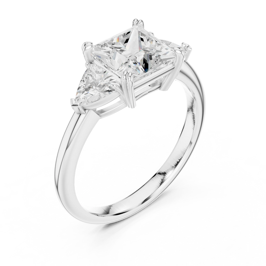 Front view of white gold princess three-stone ring with trillion cut side stones and lab-grown diamond – Australia