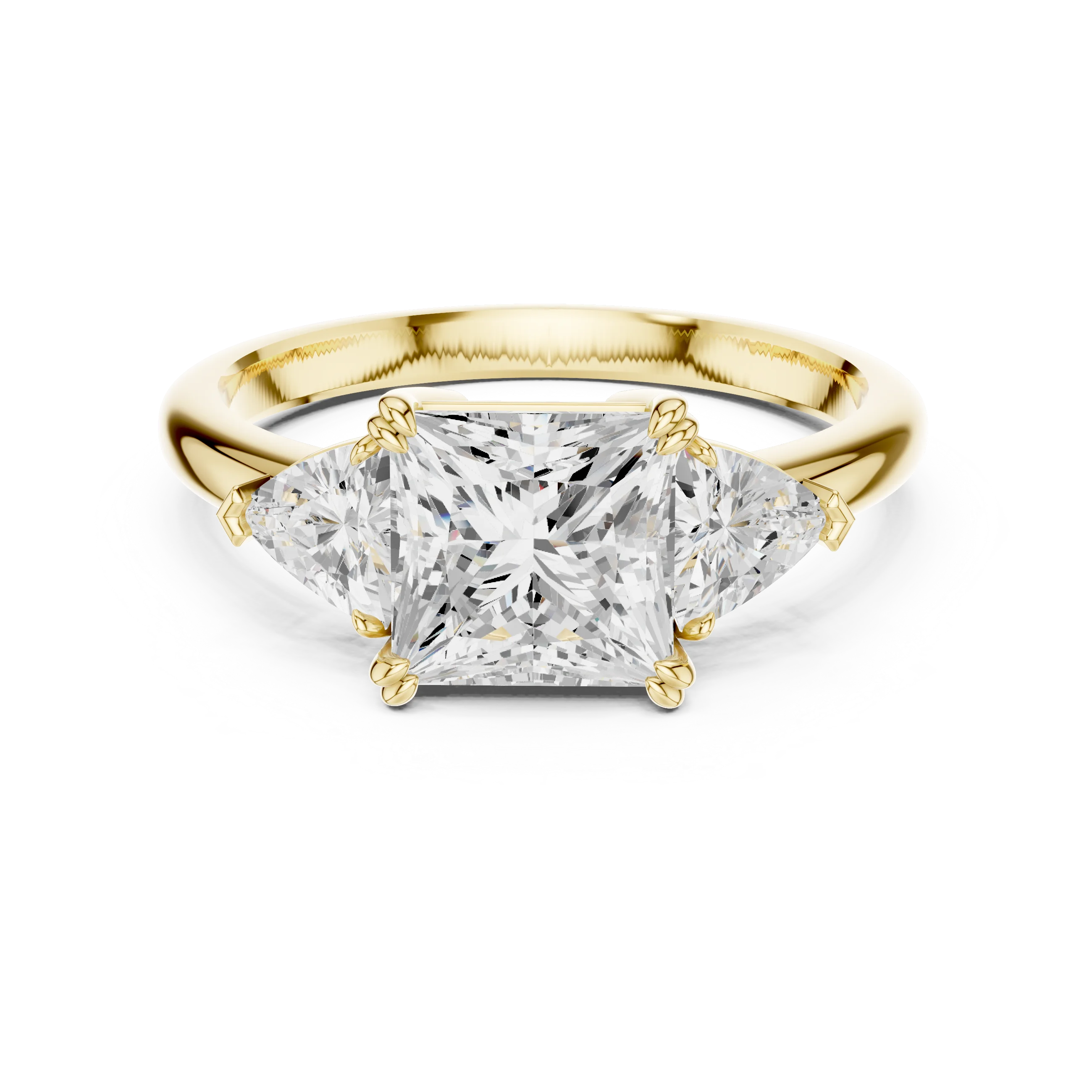 Princess three-stone ring in yellow gold with trillion cut side stones and lab-grown diamond – Australia