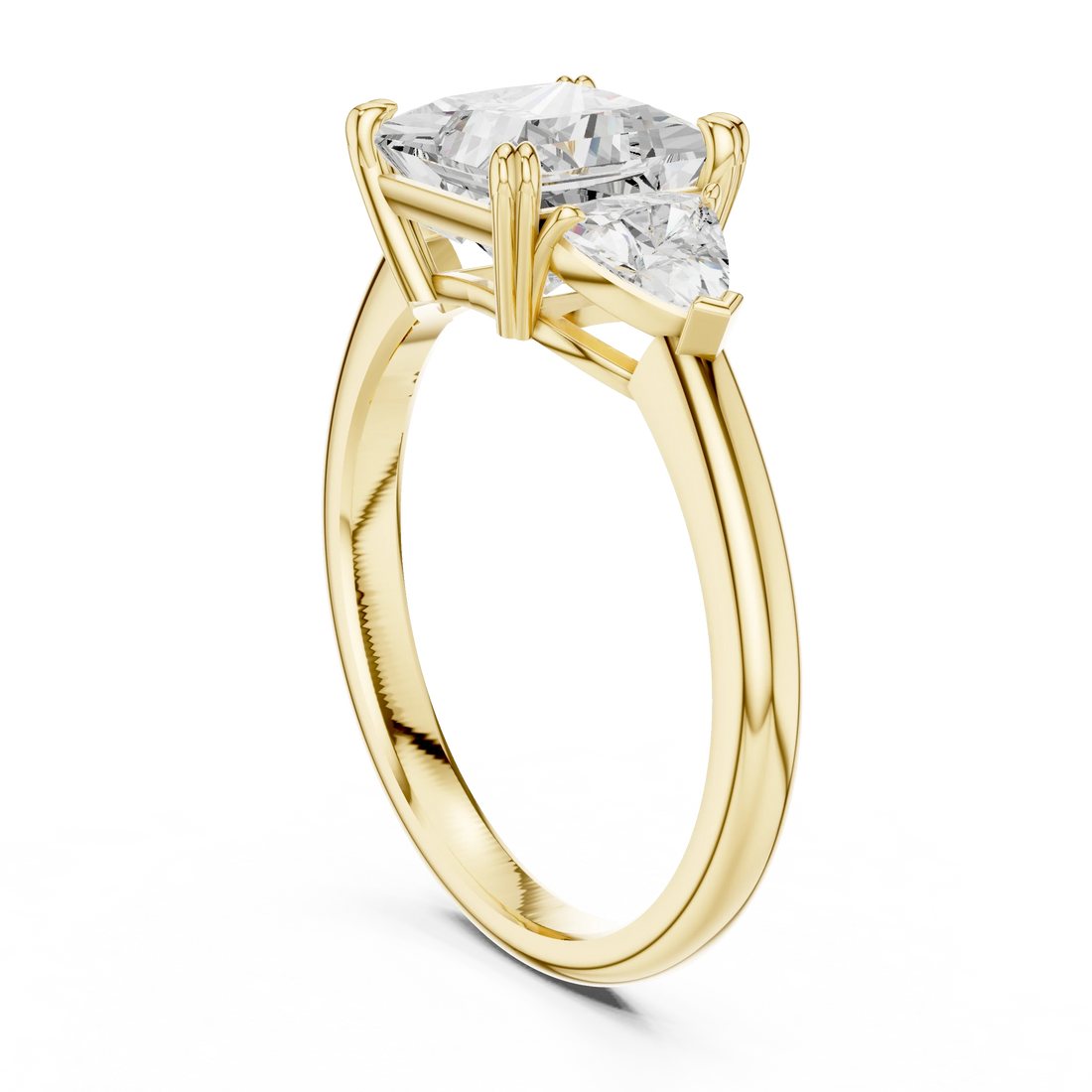 Back side view of yellow gold princess three-stone ring with trillion cut side stones and lab-grown diamond – Australia