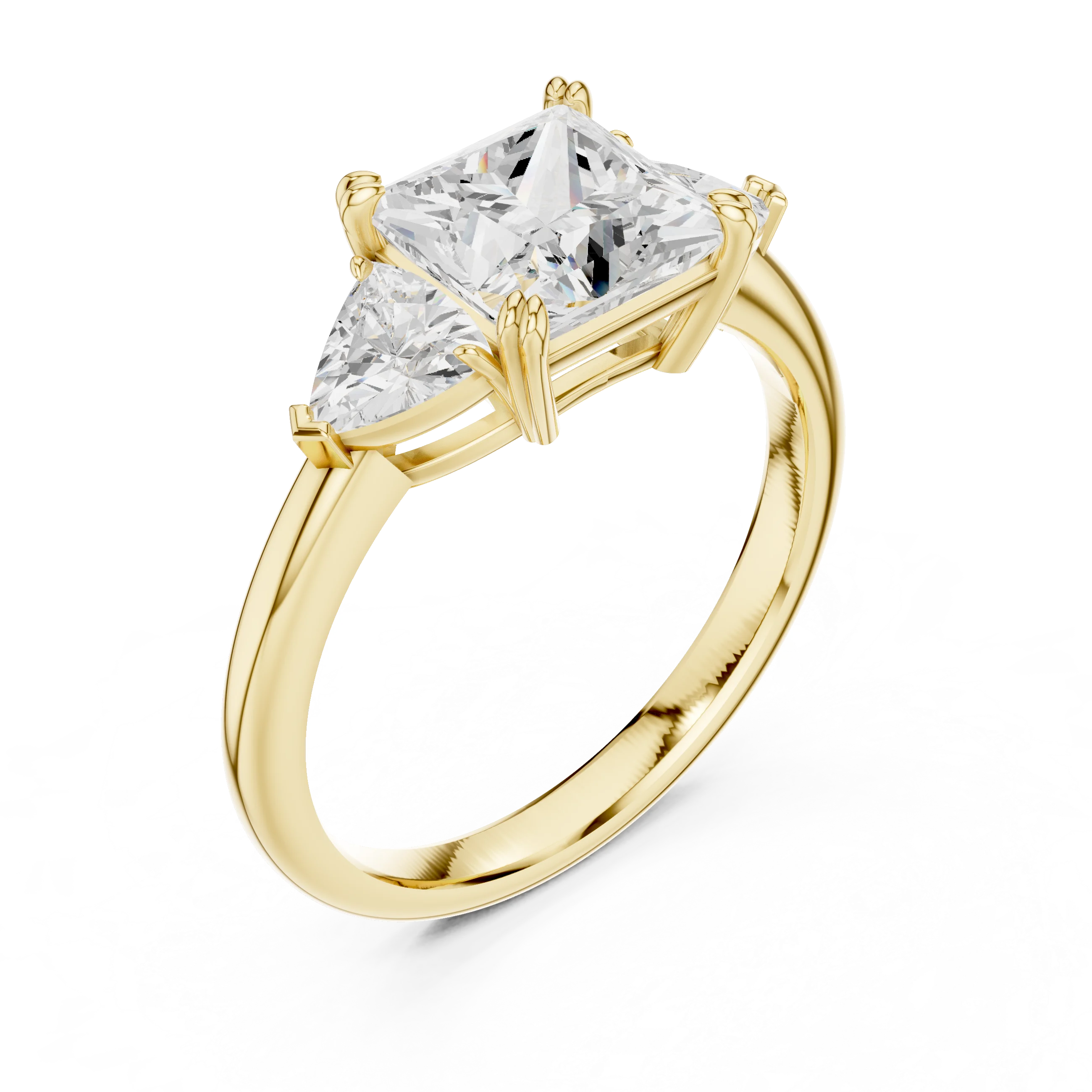Front view of yellow gold princess three-stone ring with trillion cut side stones and lab-grown diamond – Australia