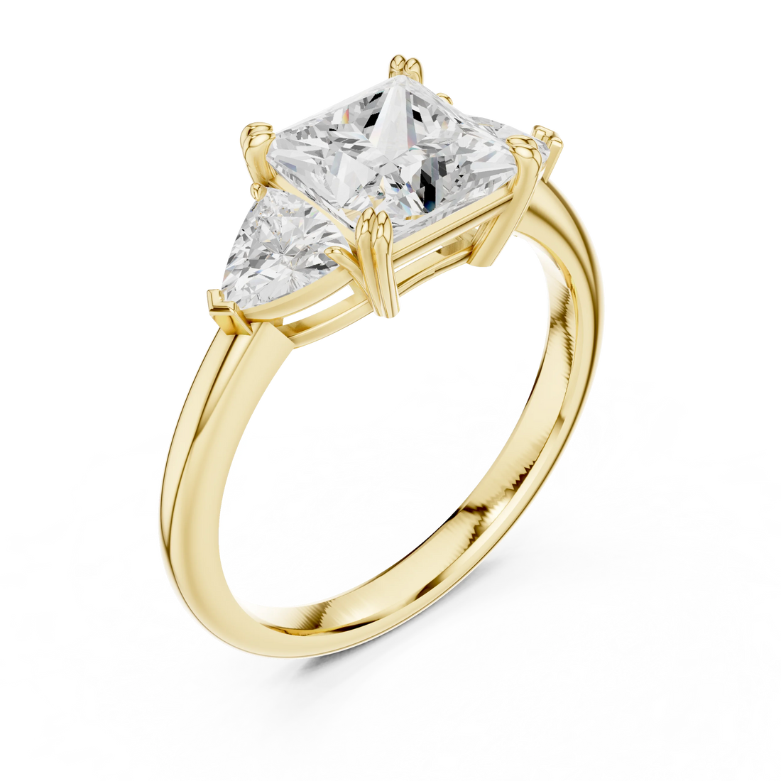 Front view of yellow gold princess three-stone ring with trillion cut side stones and lab-grown diamond – Australia