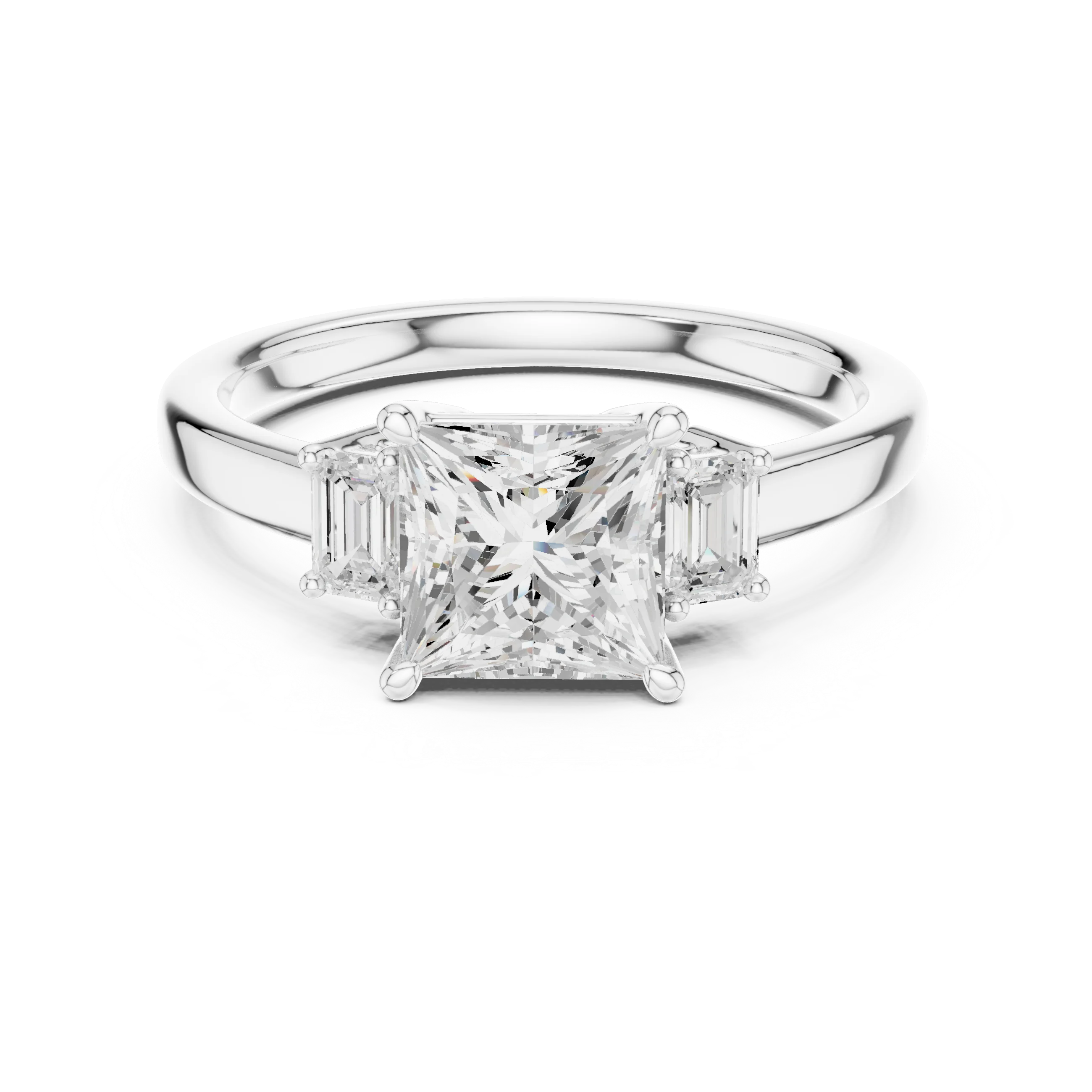 Lab-grown princess cut three stone diamond ring in white gold, elegant top view