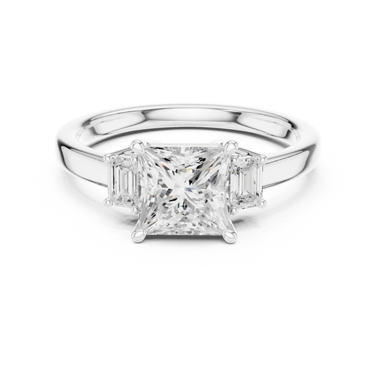 Lab-grown princess cut three stone diamond ring in white gold, elegant top view