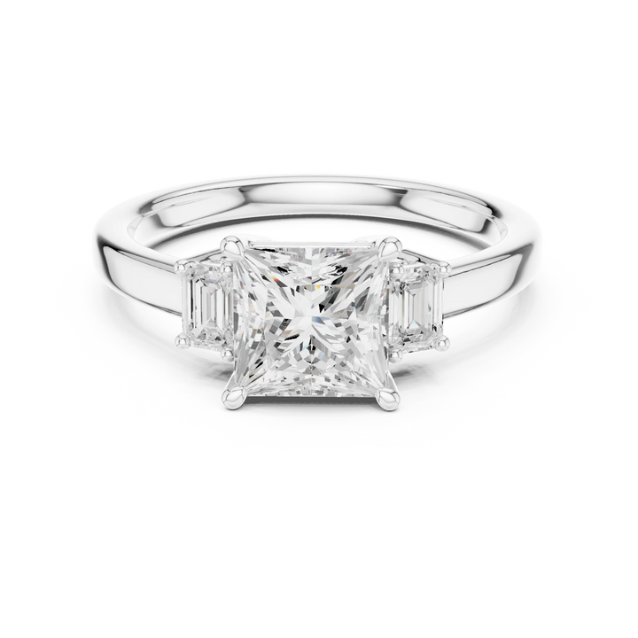 Lab-grown princess cut three stone diamond ring in white gold, elegant top view