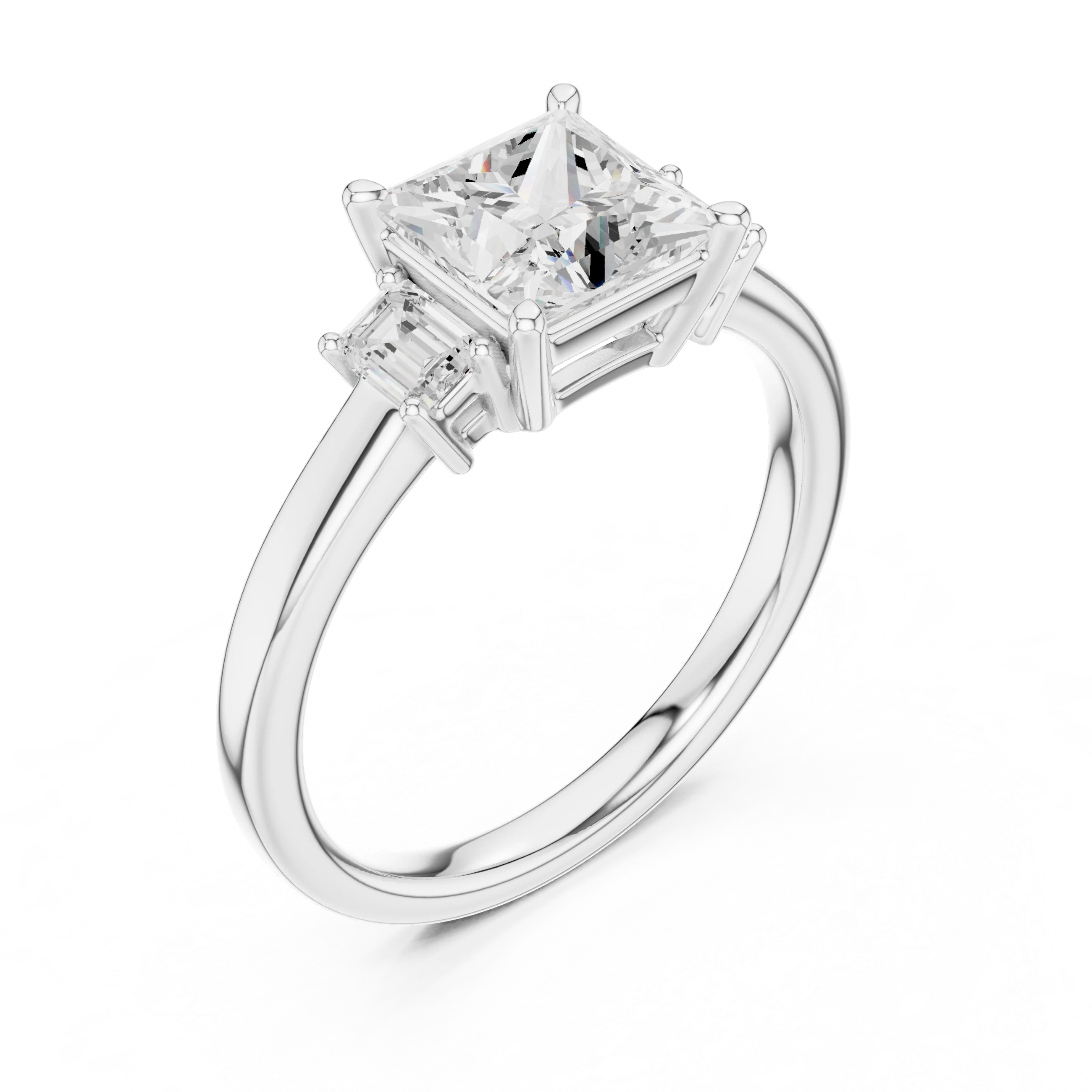 Front view of white gold princess cut three stone diamond ring, showcasing center and side stones.