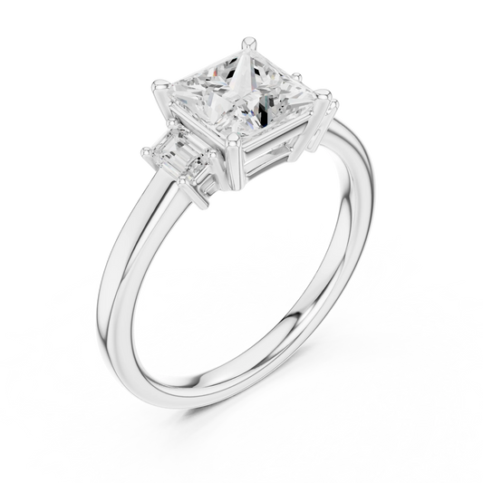 Front view of white gold princess cut three stone diamond ring, showcasing center and side stones.
