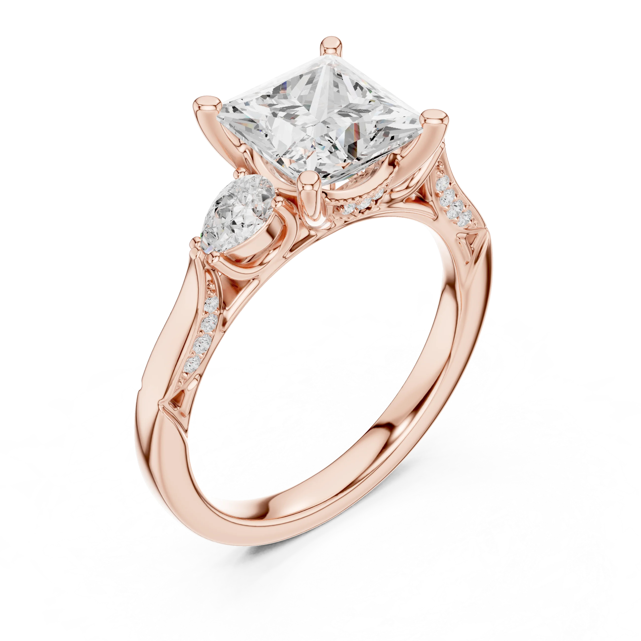 Front view of rose gold princess three stone ring with pear side stones, pave accents and lab-grown diamonds – Australia
