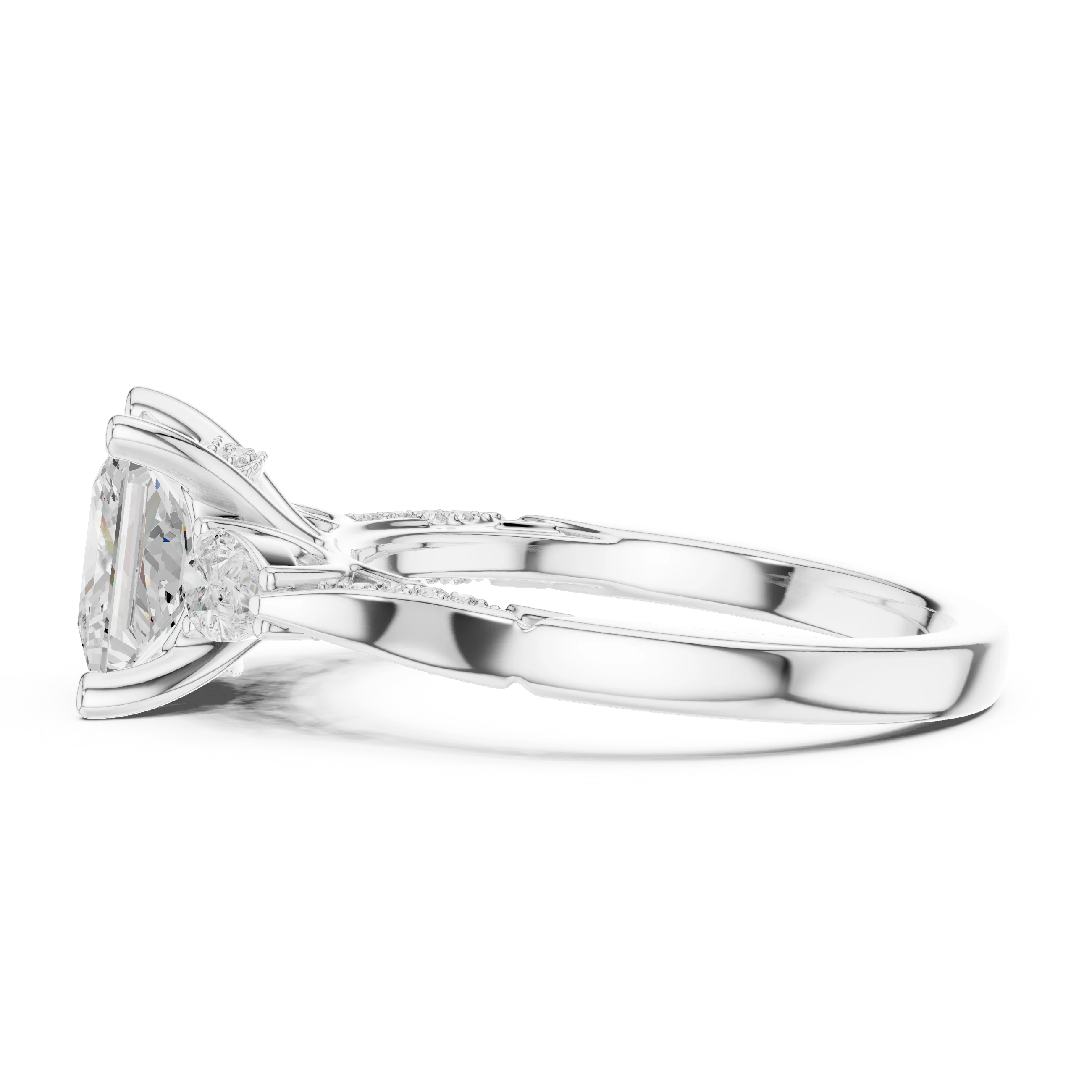Side view of white gold princess three stone ring with pear side stones, pave accents and lab-grown diamonds – Australia