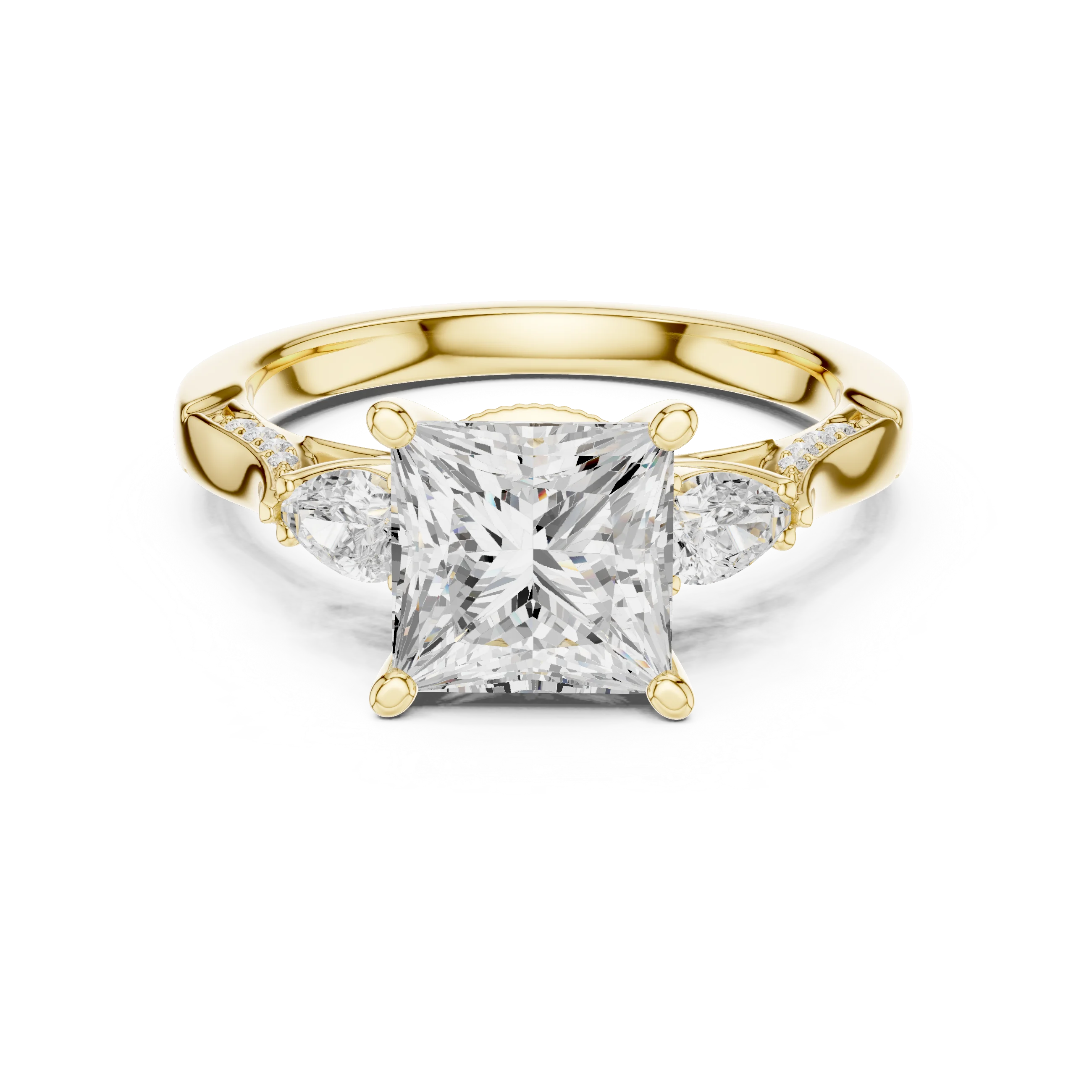 Princess three stone ring in yellow gold with pear side stones, pave accents and lab-grown diamonds – Australia