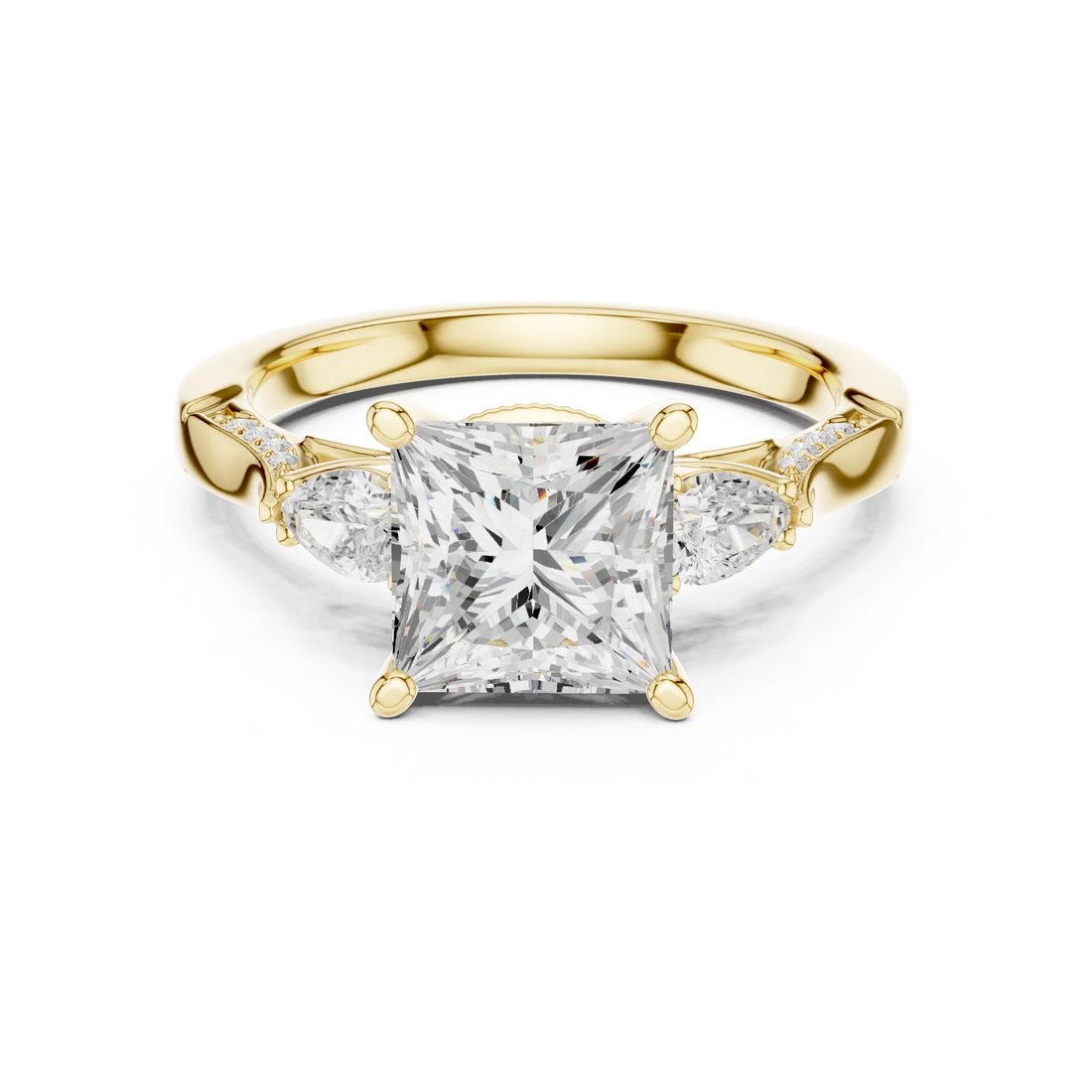 Princess three stone ring in yellow gold with pear side stones, pave accents and lab-grown diamonds – Australia