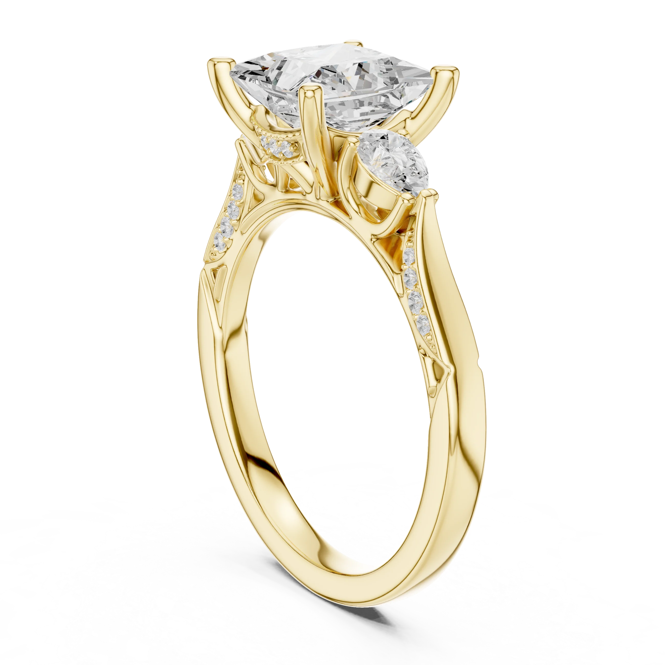 Back view of yellow gold princess three stone ring with pear side stones, pave accents and lab-grown diamonds – Australia
