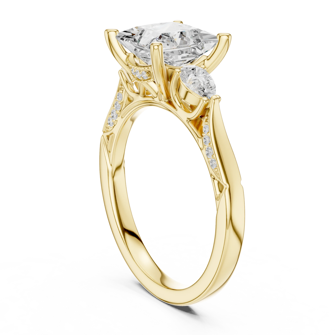 Back view of yellow gold princess three stone ring with pear side stones, pave accents and lab-grown diamonds – Australia