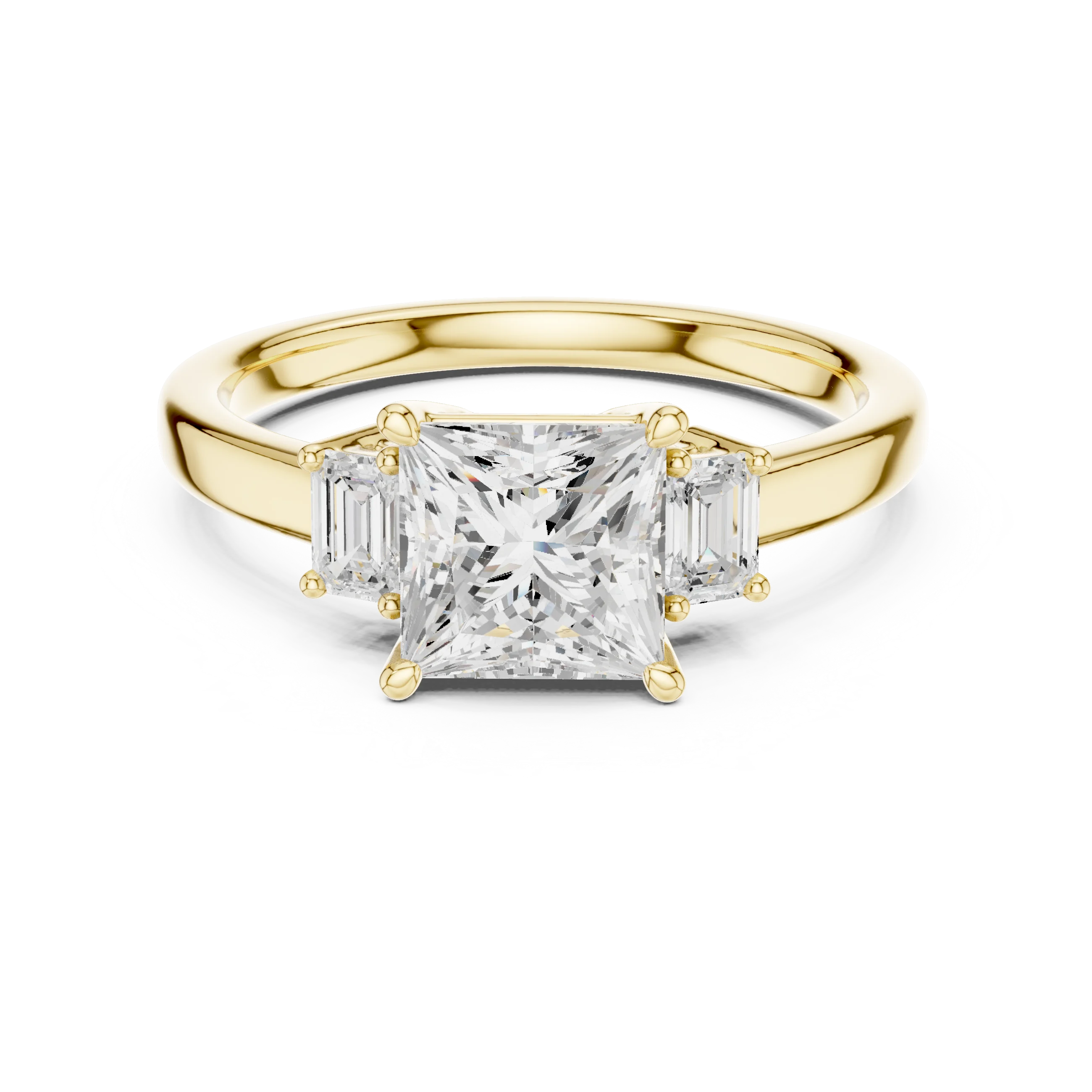 Lab-grown princess cut three stone diamond ring in yellow gold, classic top view.