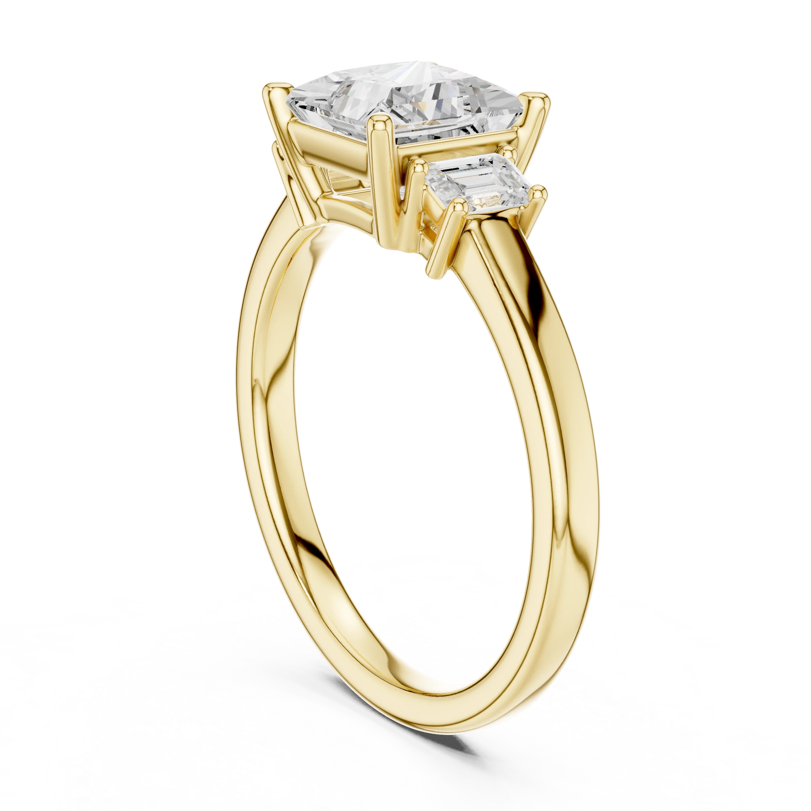 Back side view of yellow gold princess three stone diamond ring, showing band structure.