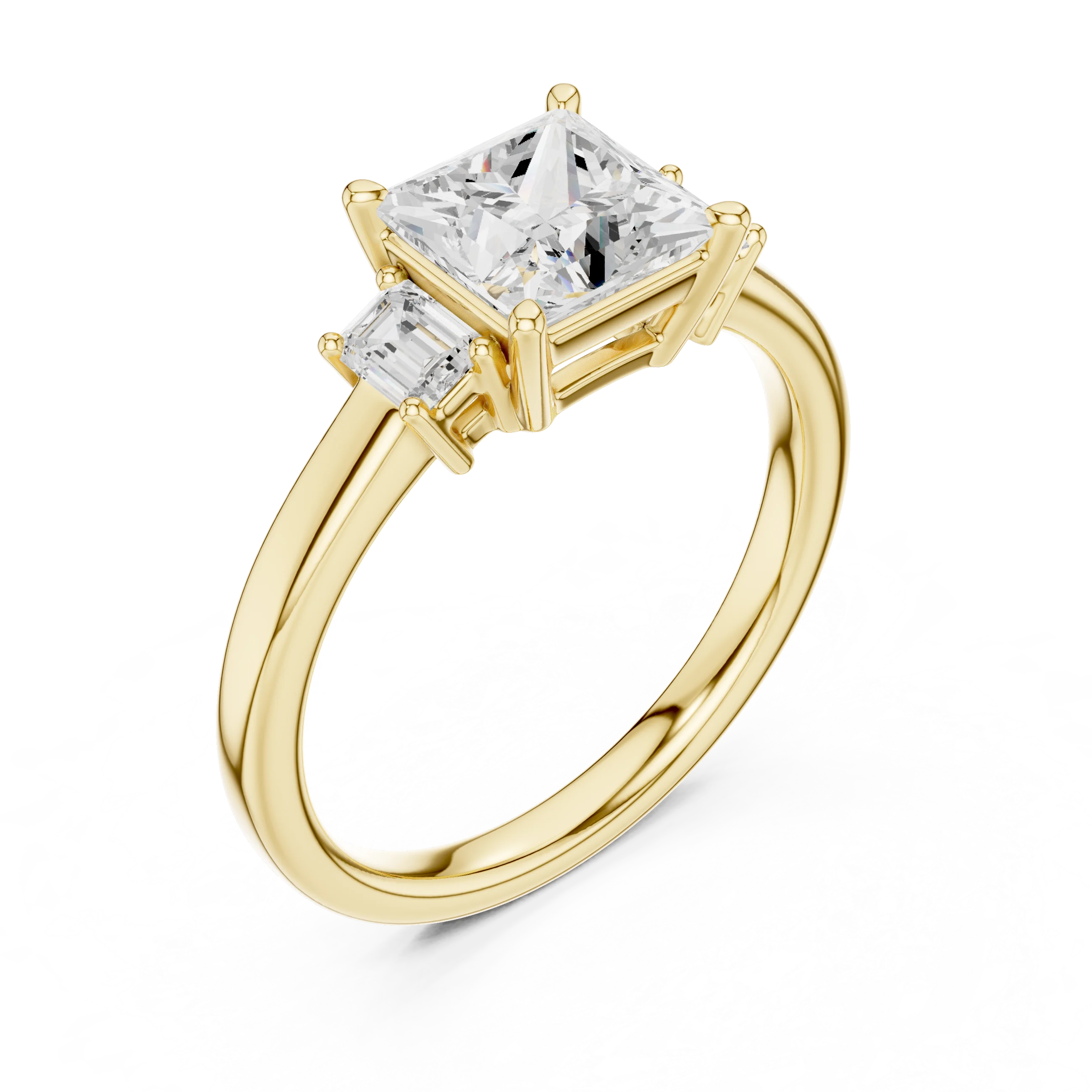 Front view of yellow gold princess three stone diamond ring, emphasizing brilliance.