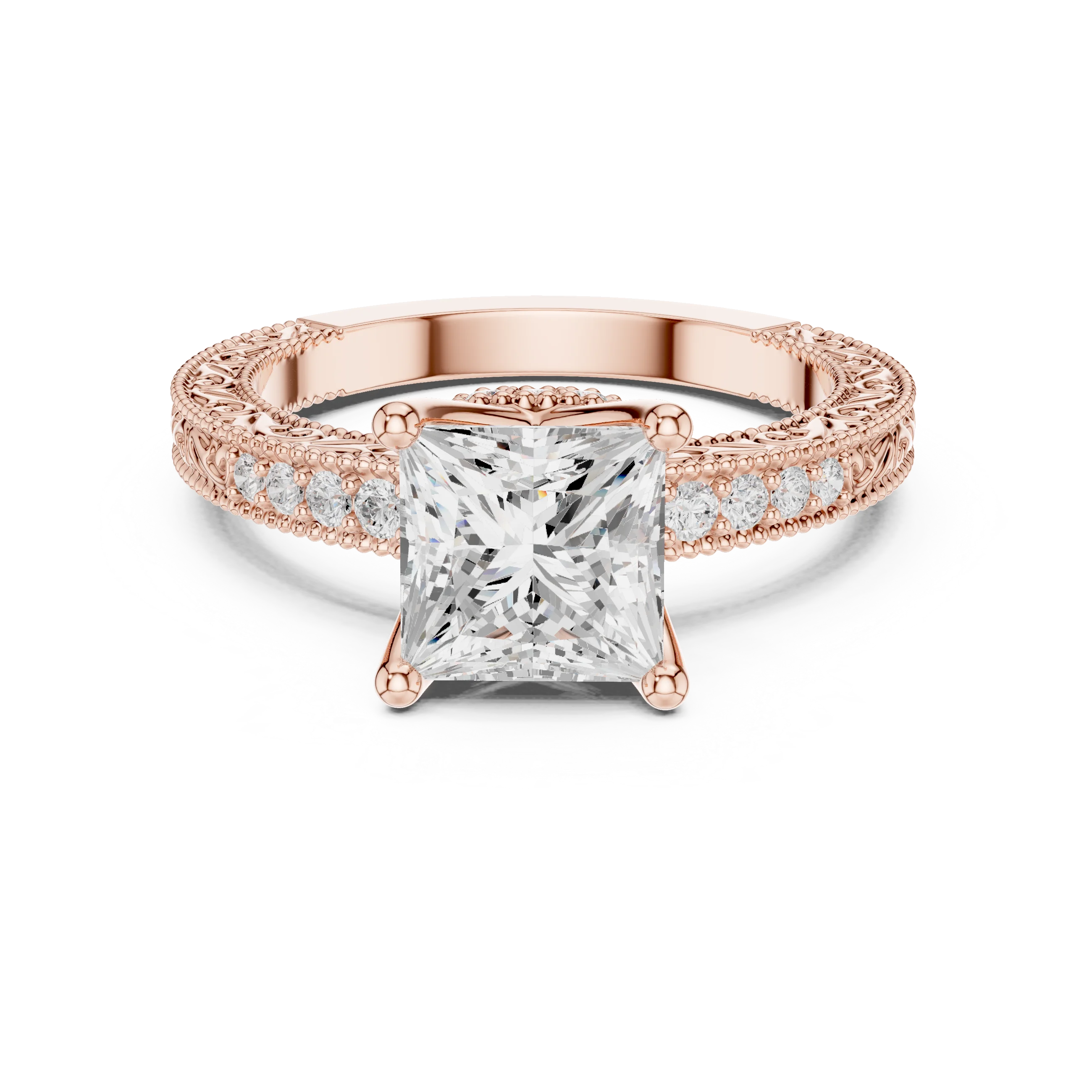 Princess vintage filigree ring in rose gold with milgrain, channel set diamond band and lab-grown diamond – Australia