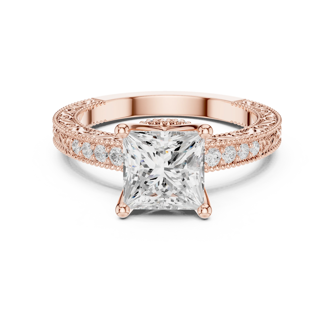 Princess vintage filigree ring in rose gold with milgrain, channel set diamond band and lab-grown diamond – Australia
