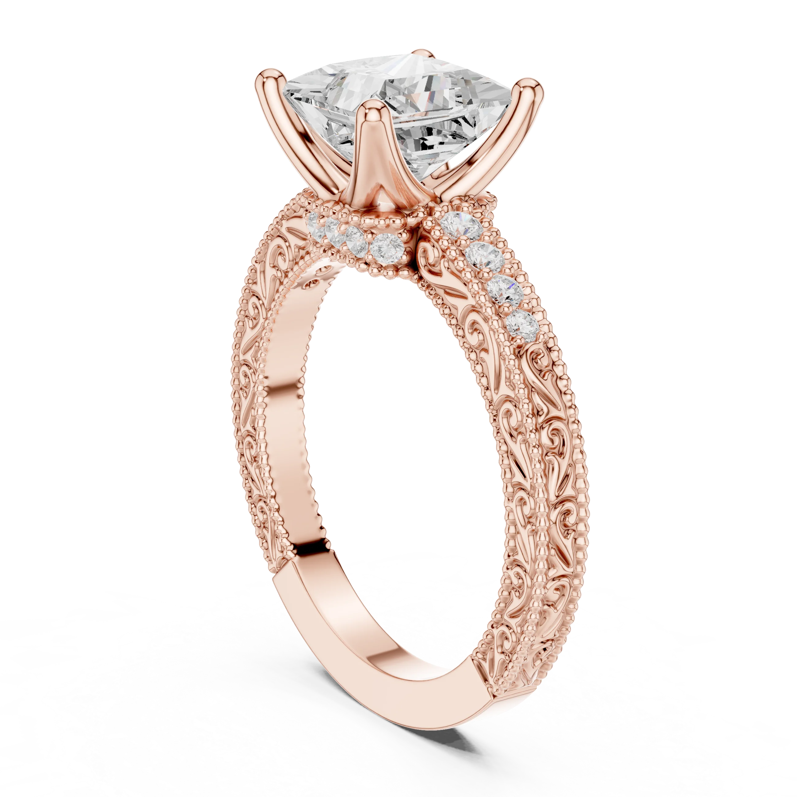 Back view of rose gold princess vintage filigree ring with milgrain, channel set diamond band and lab-grown diamond – Australia