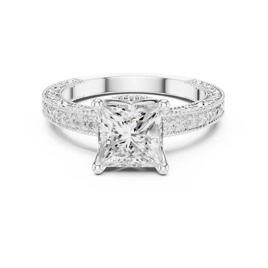 Princess vintage filigree ring in white gold with milgrain, channel set diamond band and lab-grown diamond – Australia