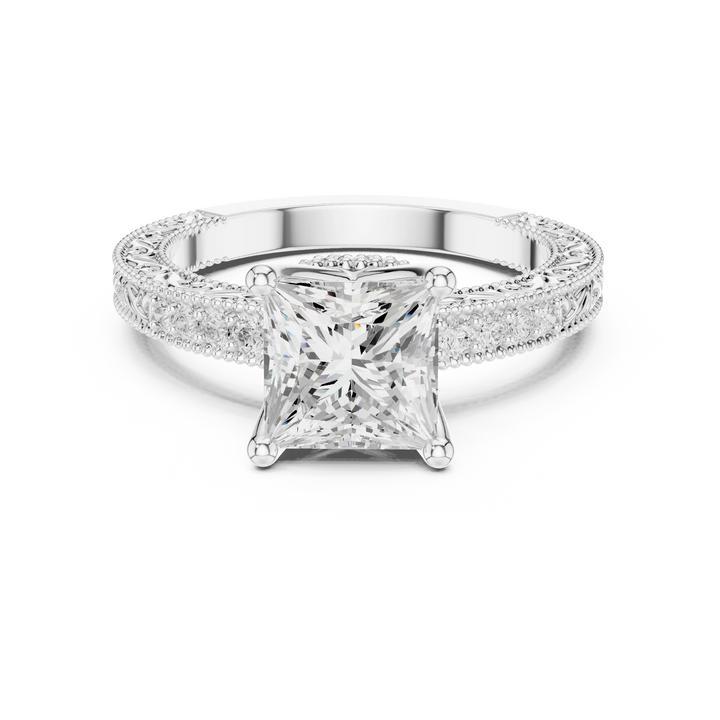 Princess vintage filigree ring in white gold with milgrain, channel set diamond band and lab-grown diamond – Australia