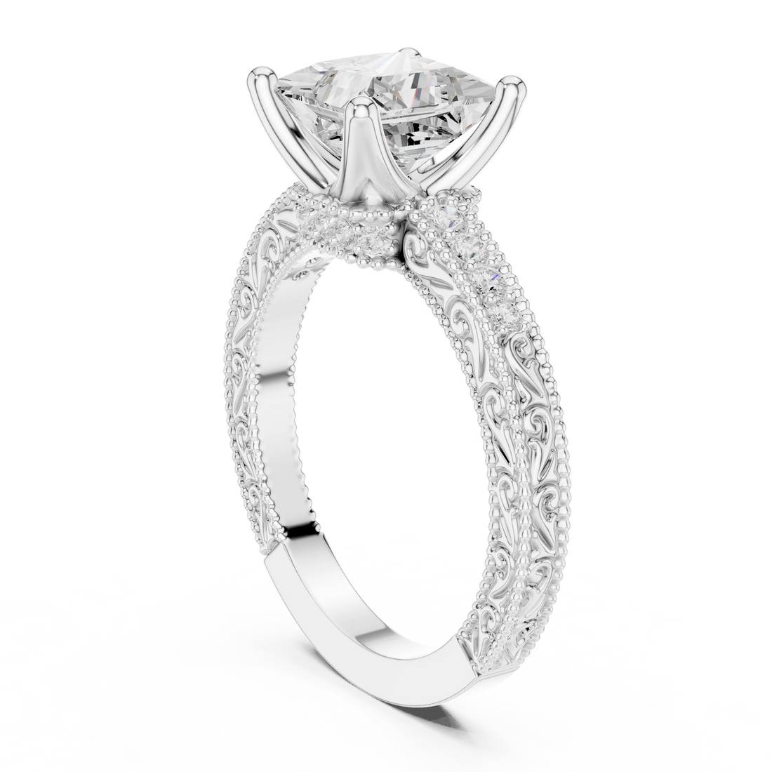 Back view of white gold princess vintage filigree ring with milgrain, channel set diamond band and lab-grown diamond – Australia
