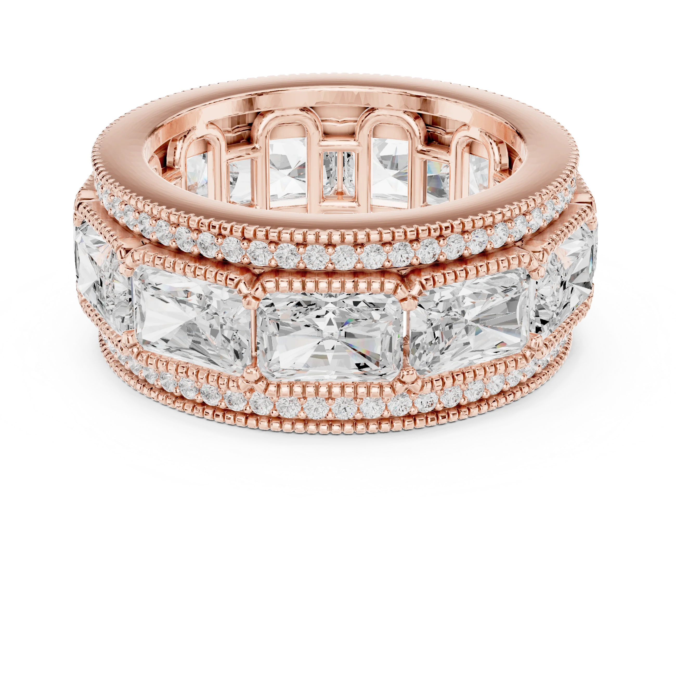 Radiant channel set eternity band stack with princess cut band, double pavé and milgrain border in rose gold with lab-grown diamonds