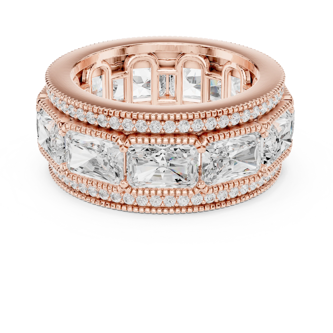 Radiant channel set eternity band stack with princess cut band, double pavé and milgrain border in rose gold with lab-grown diamonds