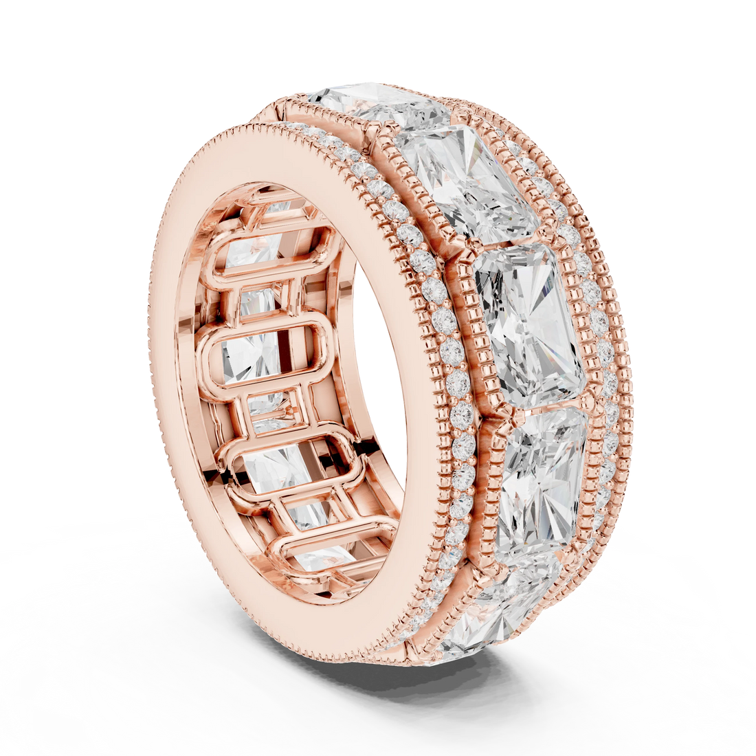 Back view of rose gold eternity band stack with radiant channel set and princess cut bands featuring pavé and milgrain design
