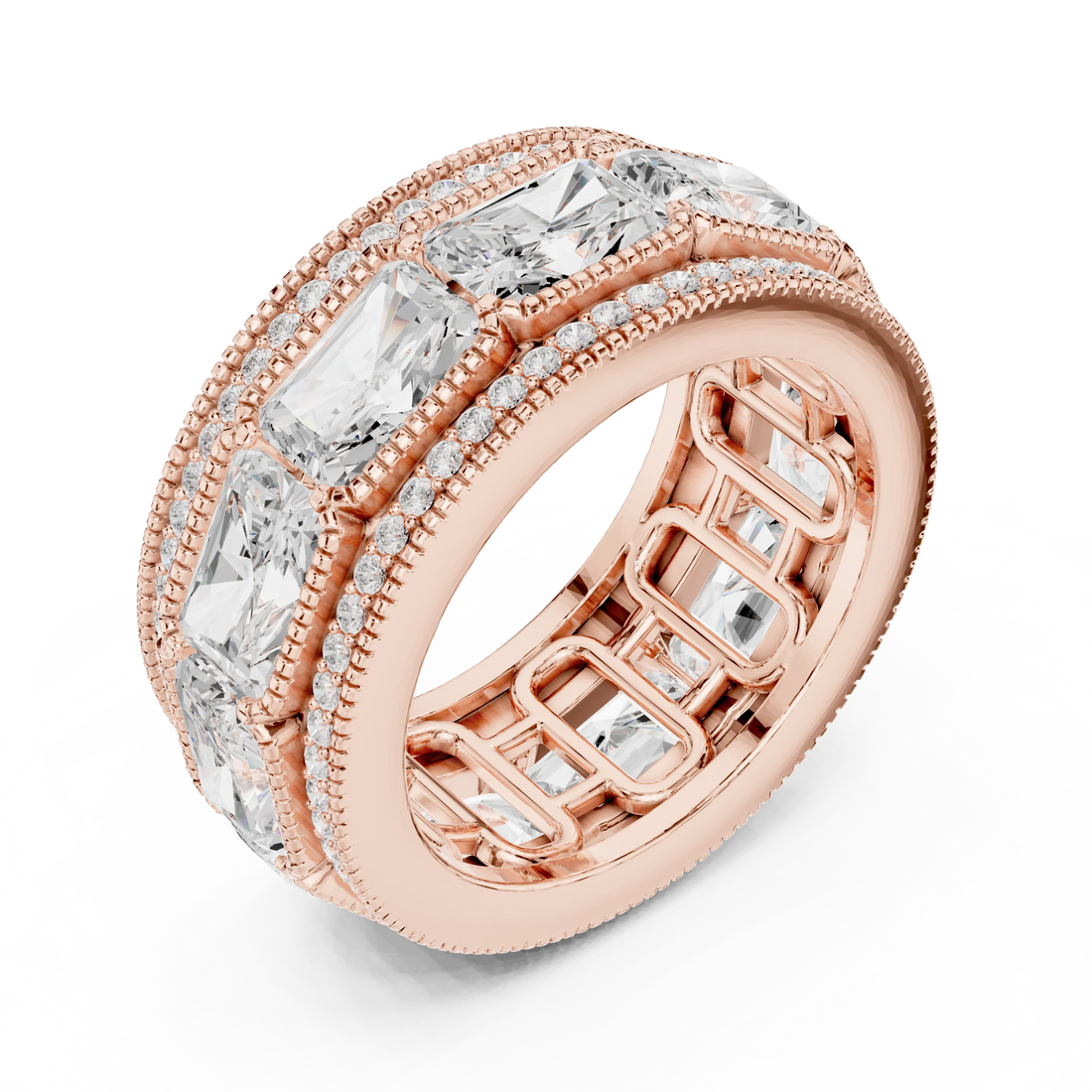 Front view of rose gold radiant and princess cut eternity band stack with pavé detailing and milgrain edges