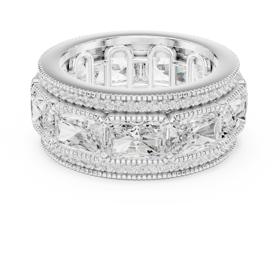 Radiant channel set eternity band stack with princess cut band, double pavé and milgrain border in white gold with lab-grown diamonds, Australia collection