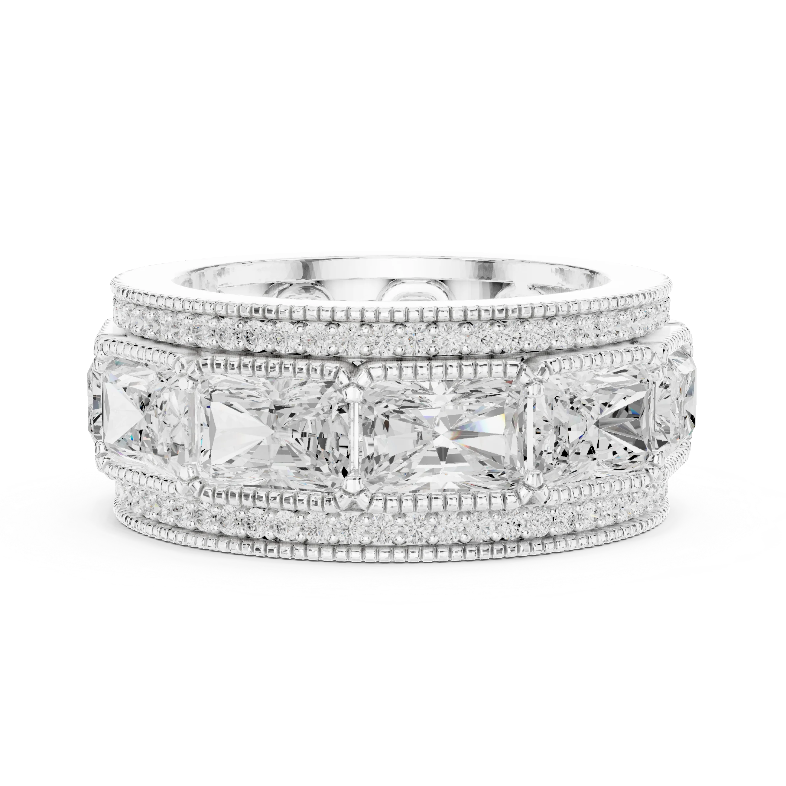 Side view of white gold eternity band stack highlighting radiant channel setting, princess cut band and pavé milgrain details
