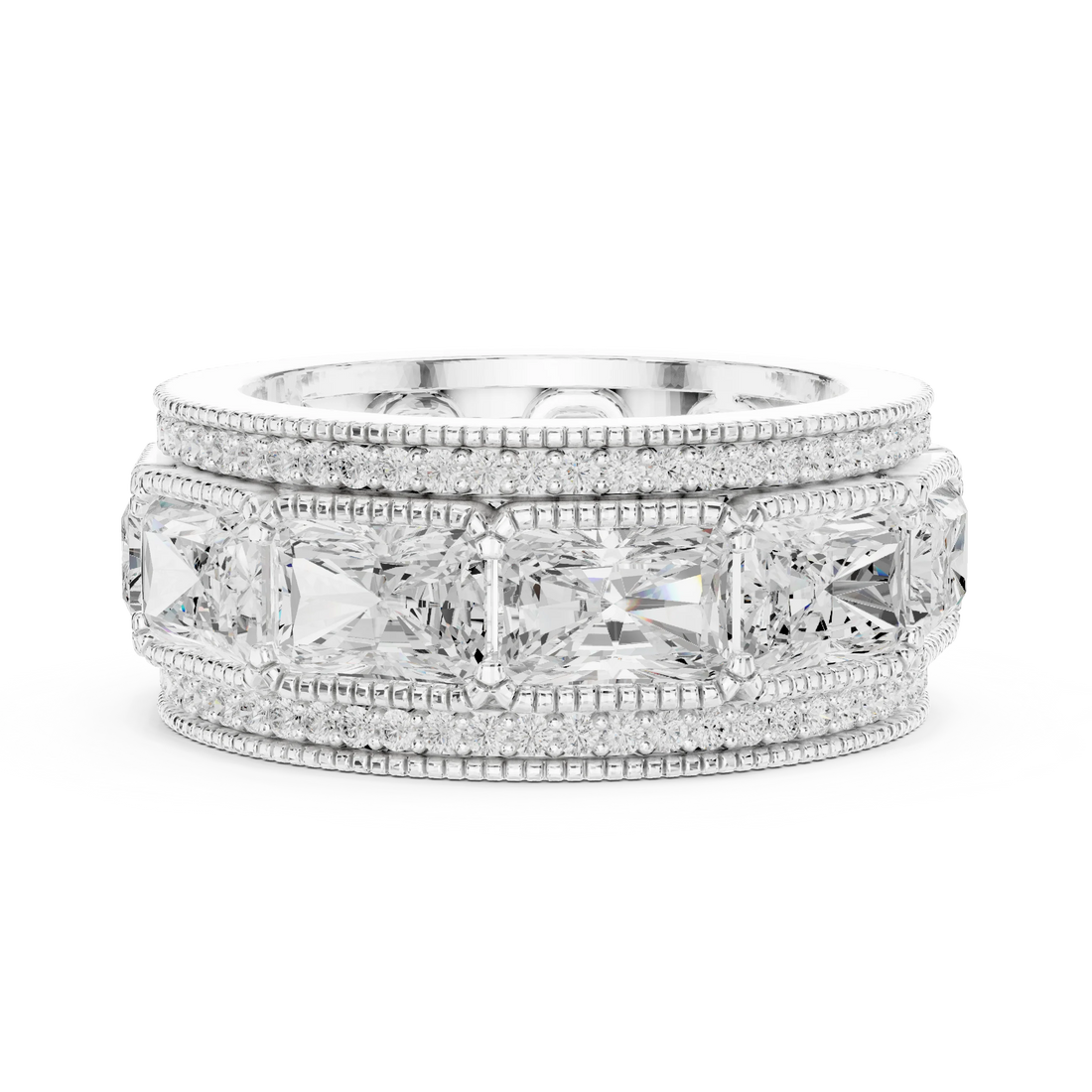 Side view of white gold eternity band stack highlighting radiant channel setting, princess cut band and pavé milgrain details