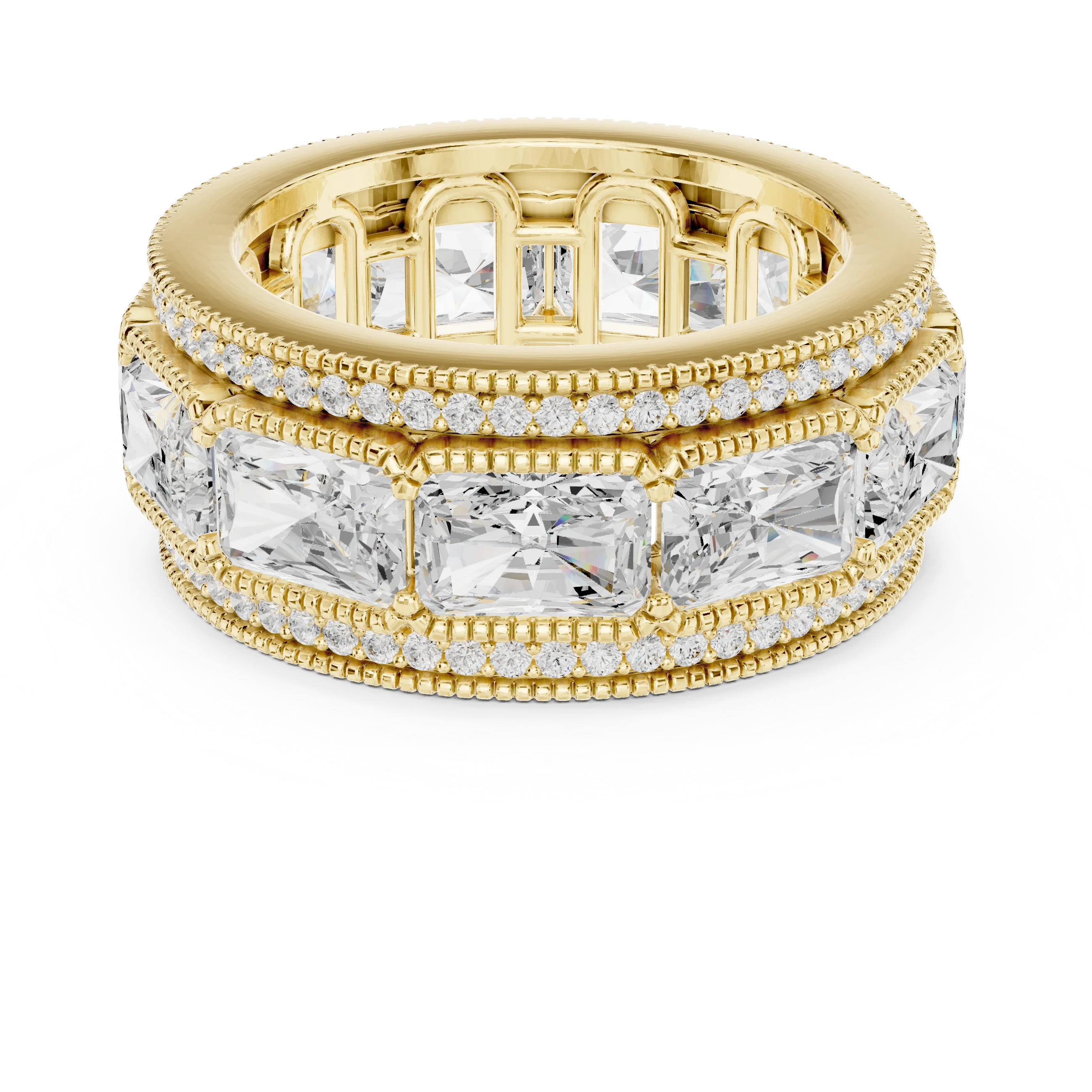 Radiant channel set eternity band stack with princess cut band, double pavé and milgrain border in yellow gold with lab-grown diamonds