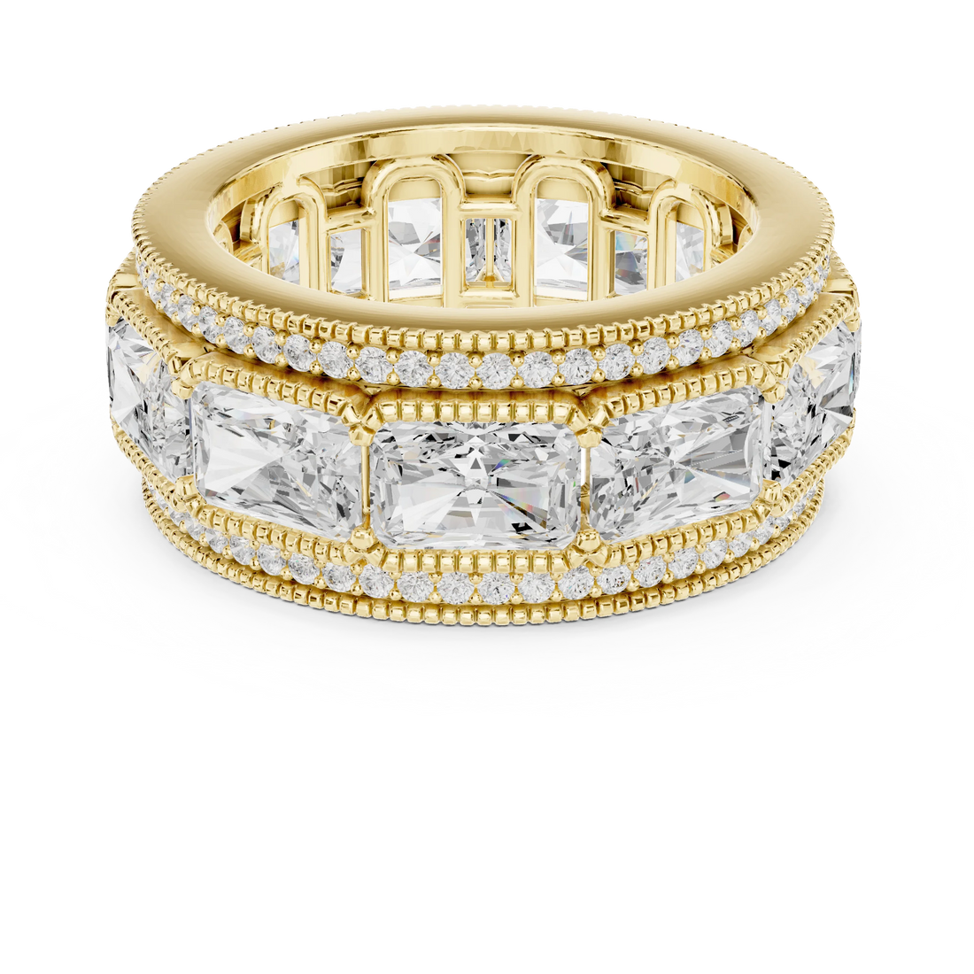 Radiant channel set eternity band stack with princess cut band, double pavé and milgrain border in yellow gold with lab-grown diamonds