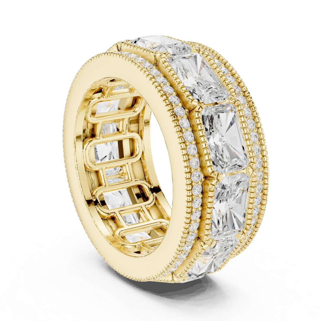 Back view of yellow gold eternity band stack with radiant channel set and princess cut bands featuring pavé and milgrain design