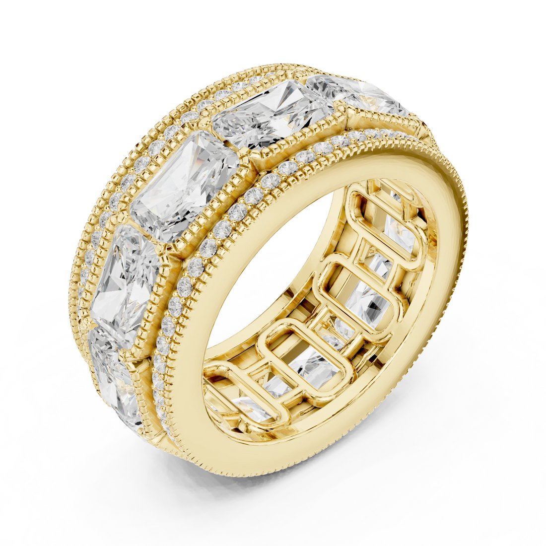 Front view of yellow gold radiant and princess cut eternity band stack with pavé detailing and milgrain edges