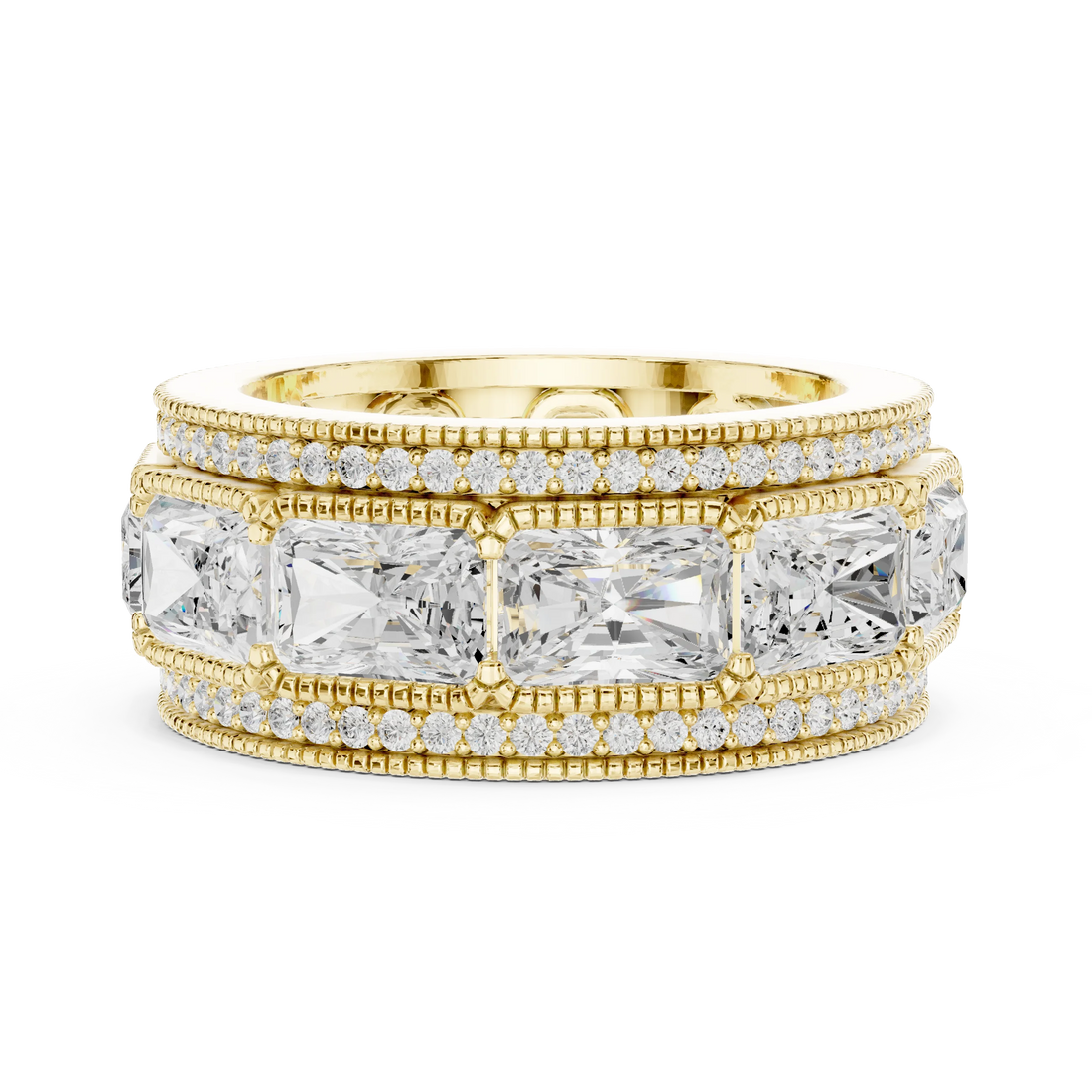 Side view of yellow gold eternity band stack highlighting radiant and princess cut bands with pavé milgrain border