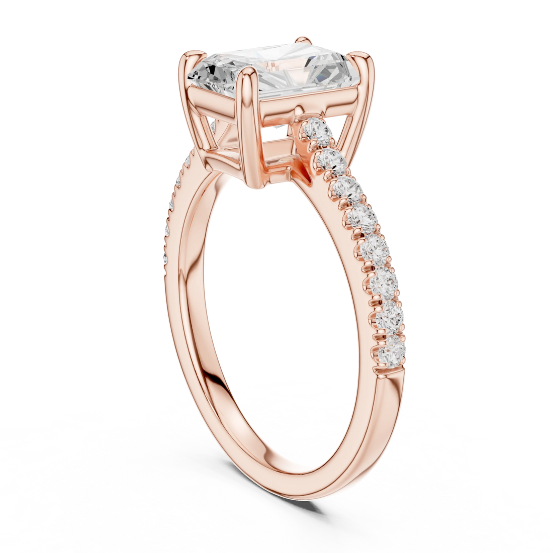 Back side view of rose gold radiant diamond pavé band ring showing band and setting details