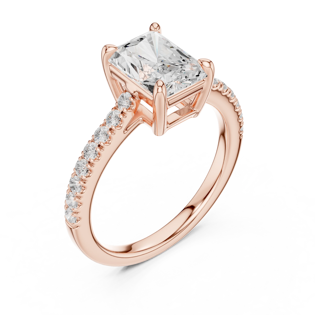 Front view of rose gold radiant diamond pavé band ring