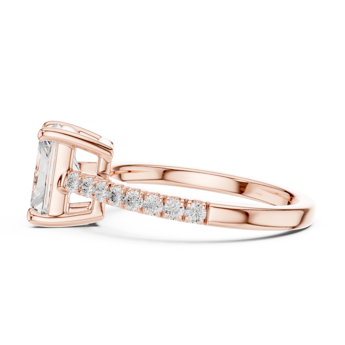 Side profile of rose gold radiant diamond pavé band ring with detailed band setting