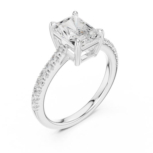 Front view of white gold radiant diamond pavé band ring