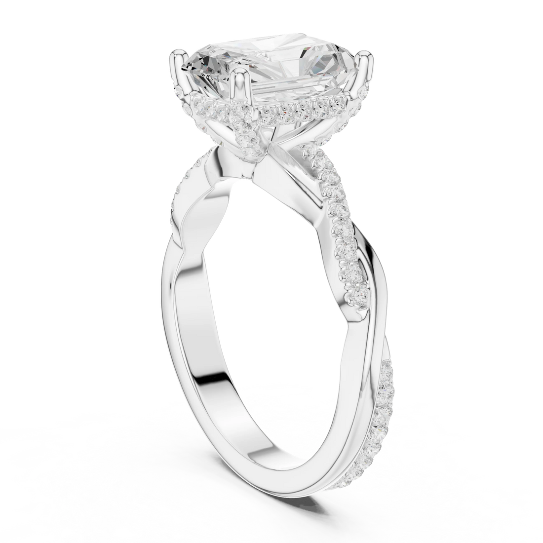 Back view of white gold radiant diamond ring with twisted vine pave band and lab-grown diamond – Australia
