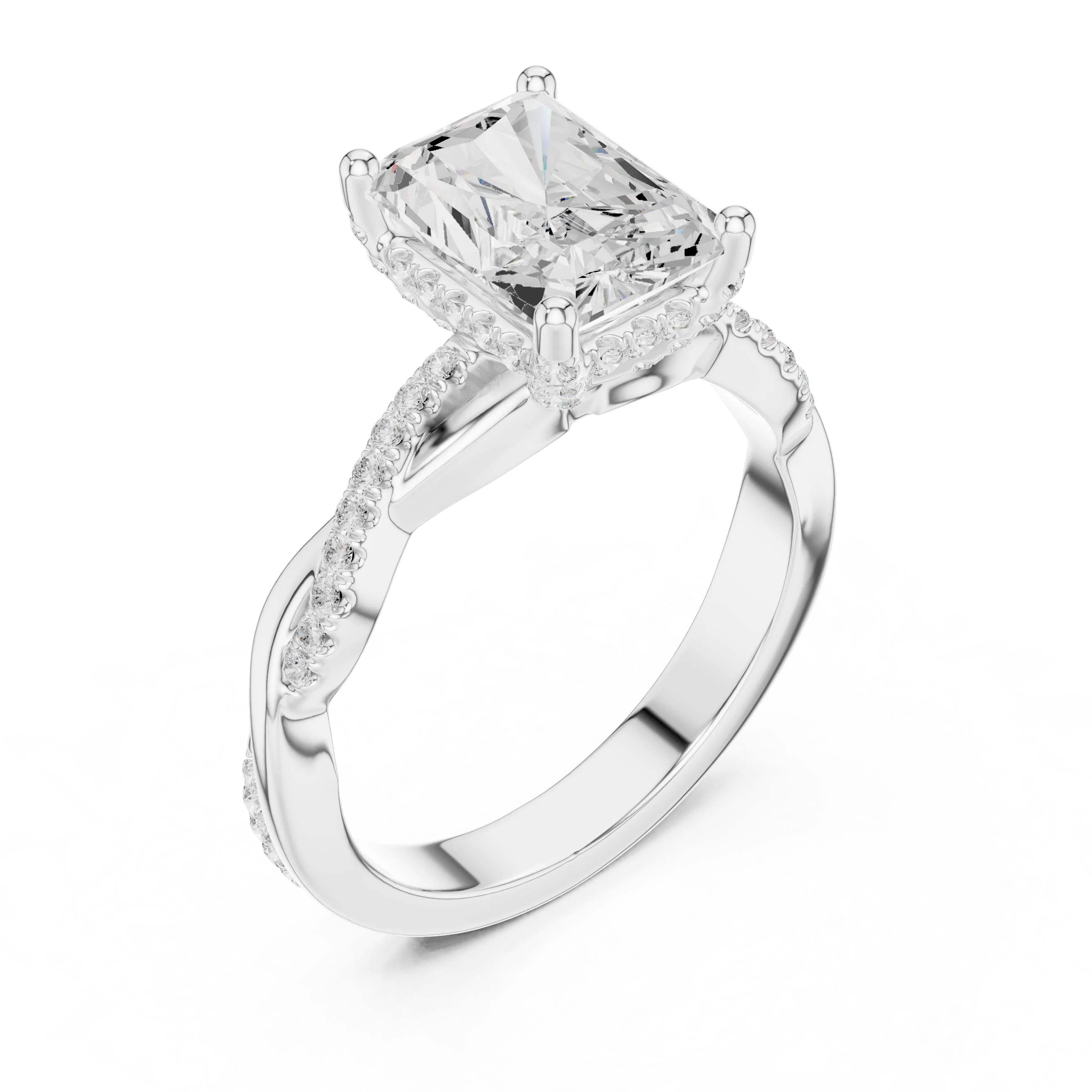 Front view of white gold radiant diamond ring with twisted vine pave band and lab-grown diamond – Australia