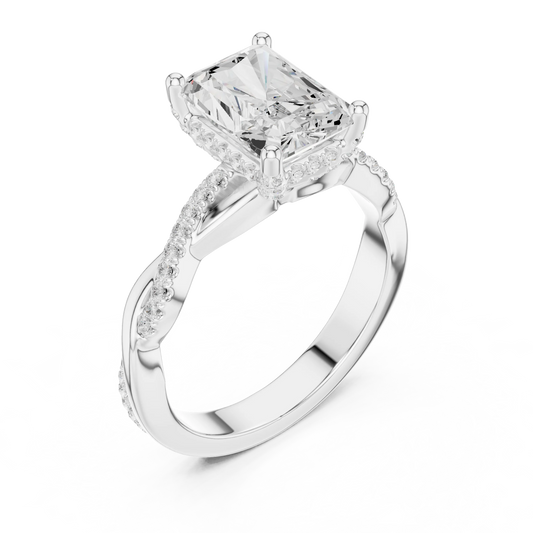 Front view of white gold radiant diamond ring with twisted vine pave band and lab-grown diamond – Australia