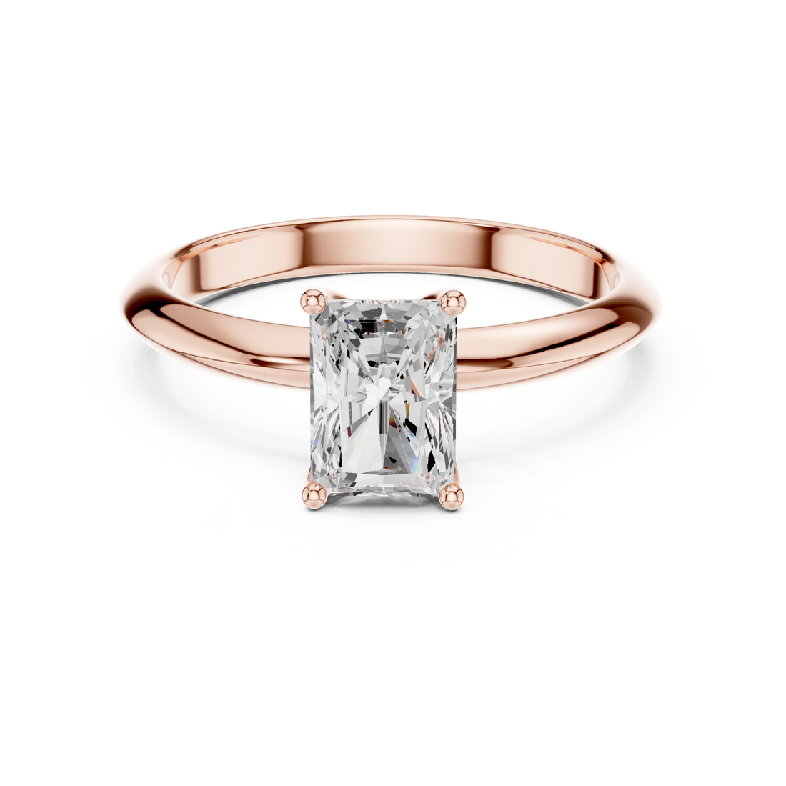 Lab-grown radiant cut diamond solitaire ring in rose gold, soft tone top view