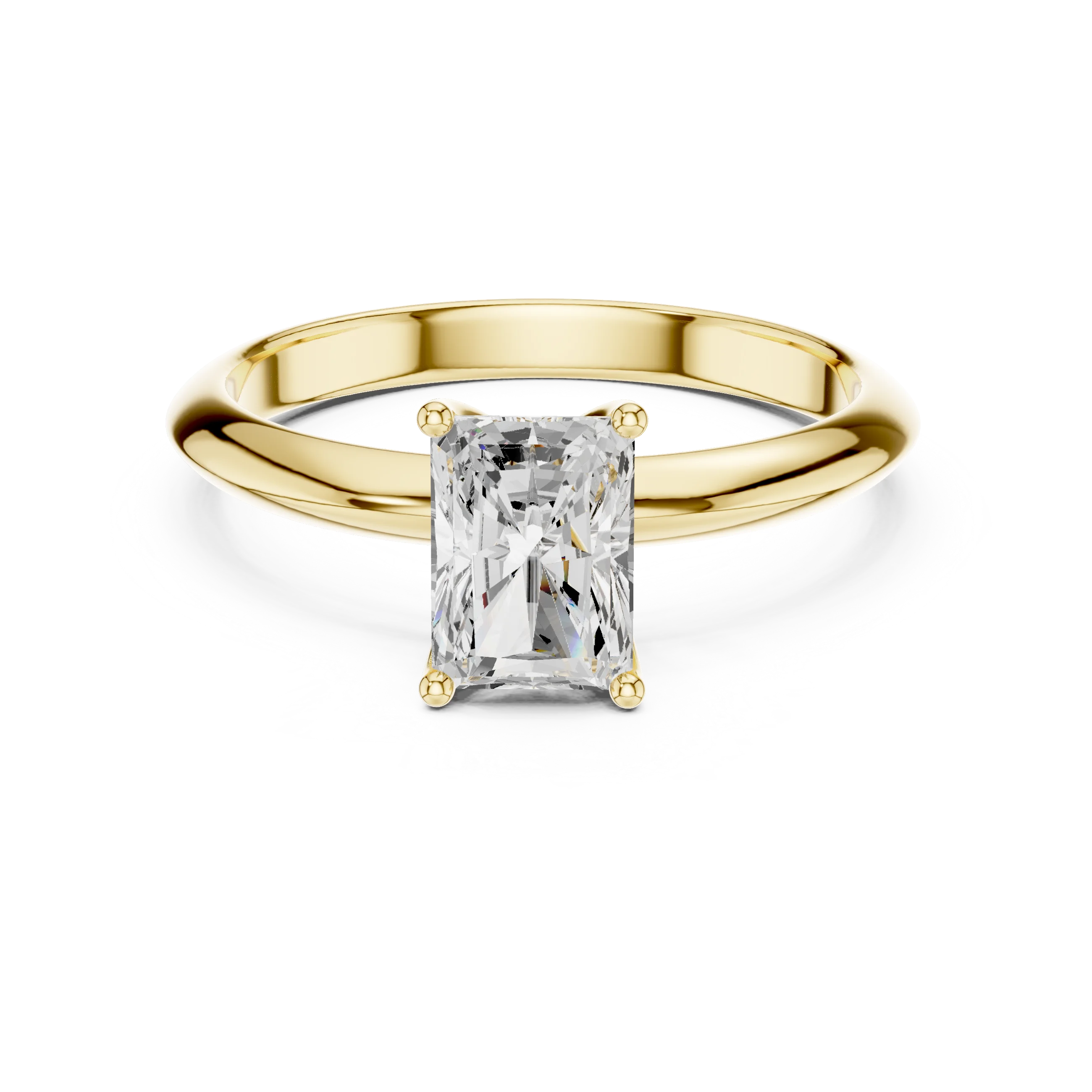 Lab-grown radiant cut diamond solitaire ring in yellow gold, classic top view