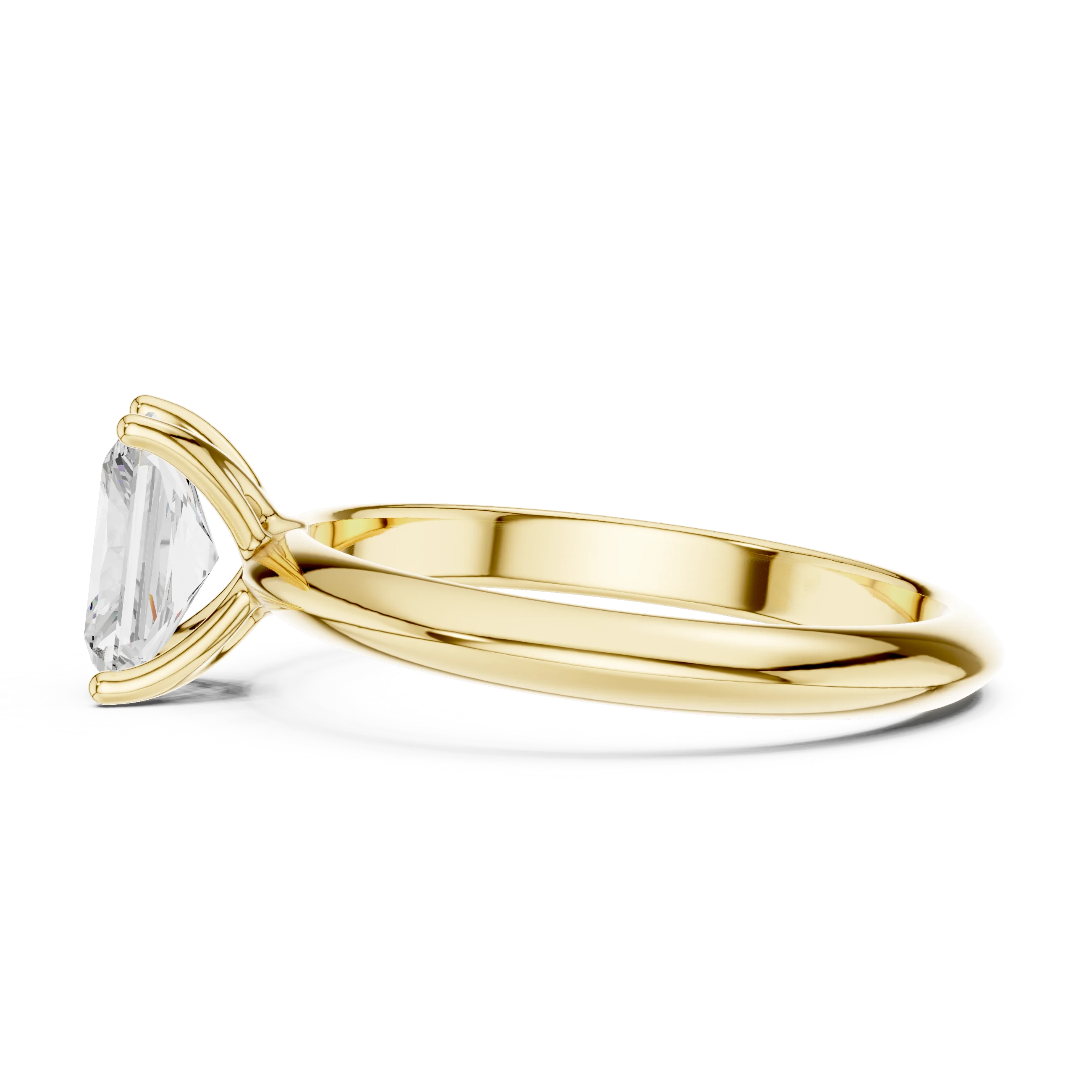 Side profile of yellow gold radiant cut diamond solitaire ring, highlighting stone height