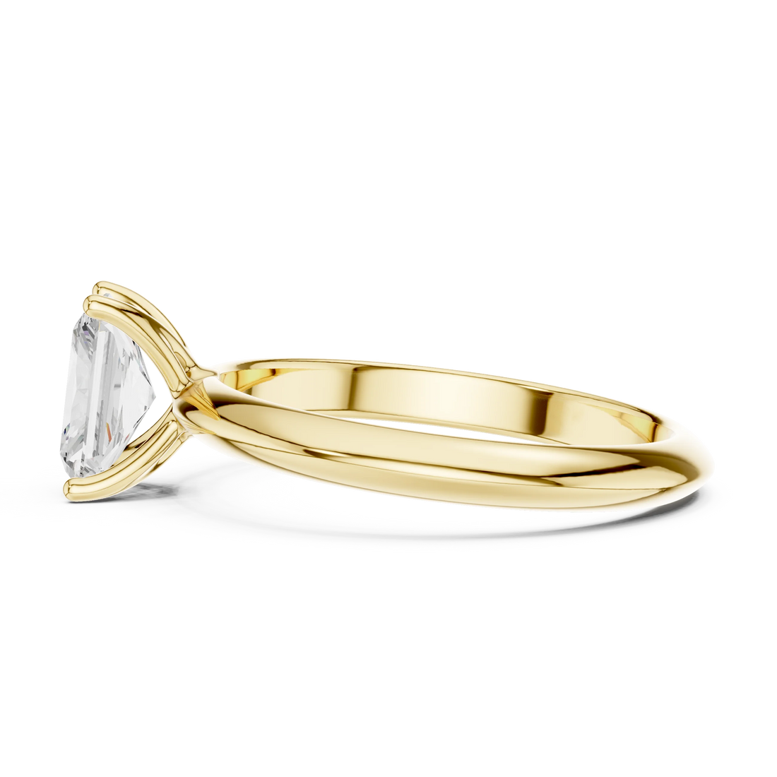 Side profile of yellow gold radiant cut diamond solitaire ring, highlighting stone height